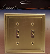 Load image into Gallery viewer, Satin Brass Wallplate Style, Double Toggle, Generous Size, 4.9in (12.44cm) x 4.8in (12.19cm) x 0.2in(0.50cm) Deep_2-190TTSB
