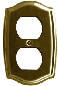 Antique Brass Plated Wallplate, polished sheen finish, elegant Colonial curved pattern, single duplex receptacle outlet cover, lacquered coated for durability, 4 1/8" x 2.875, 10.48cm x 11.75cm