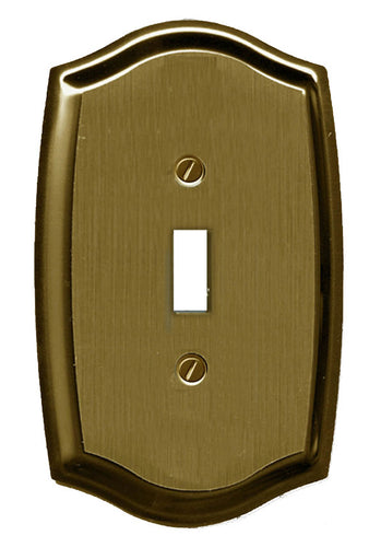 Antique Brass Plated Wallplate, polished sheen finish, elegant Colonial curved pattern, single toggle configuration.  4 1/8