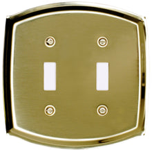 Load image into Gallery viewer, Polished Brass Steel, Double toggle Height = 5 1/16&quot; by Width = 5 1/8&quot;, adds simple elegance to your décor, brass, wallplate, wall plates, switch plate, covers
