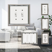 Load image into Gallery viewer, Decorative Metal Estate Chrome w/White Centre Double Toggle Wall Plate in front of a bright white living room
