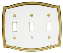 Load image into Gallery viewer, Decorative Metal White on Brass 3Toggle Wallplate
