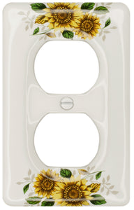 Kiln fired gloss white ceramic porcelain wall plate. One of a Kind fresh country Sunflower floral pattern on a square cover plate for bathroom, spa, or kitchen. high quality and durability. Stays white and gleaming for years to come. Duplex Receptacle cover plate configuration. Screws Included. Easy to clean with a damp cloth. Do not over tighten screws to avoid cracking the plate. Do not use automatic screwdrivers.