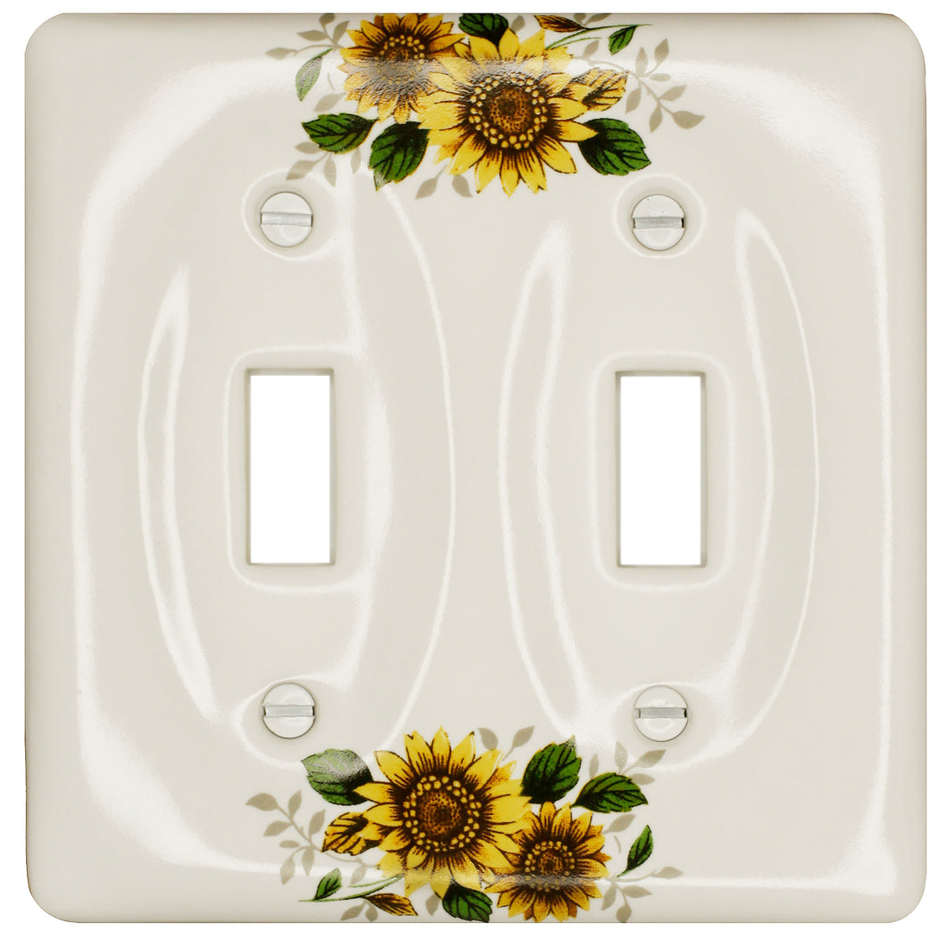 Kiln fired gloss white ceramic porcelain wall plate. One of a Kind fresh country Sunflower floral pattern on a square cover plate for bathroom, spa, or kitchen. high quality and durability. Stays white and gleaming for years to come. Single Toggle cover plate configuration. Screws Included. Easy to clean with a damp cloth. Do not over tighten screws to avoid cracking the plate. Do not use automatic screwdrivers.