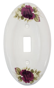 Kiln fired gloss white genuine porcelain wall plate. One of a Kind Charming Red Roses  with green leaves floral pattern on an oval cover plate for bathroom, spa, or kitchen. high quality and durability.  Stays white and shiny or years to come. Single Toggle cover plate configuration.  Screws Included. Easy to clean with a damp cloth. Do not over tighten screws to avoid cracking the plate. Do not use automatic screwdrivers.