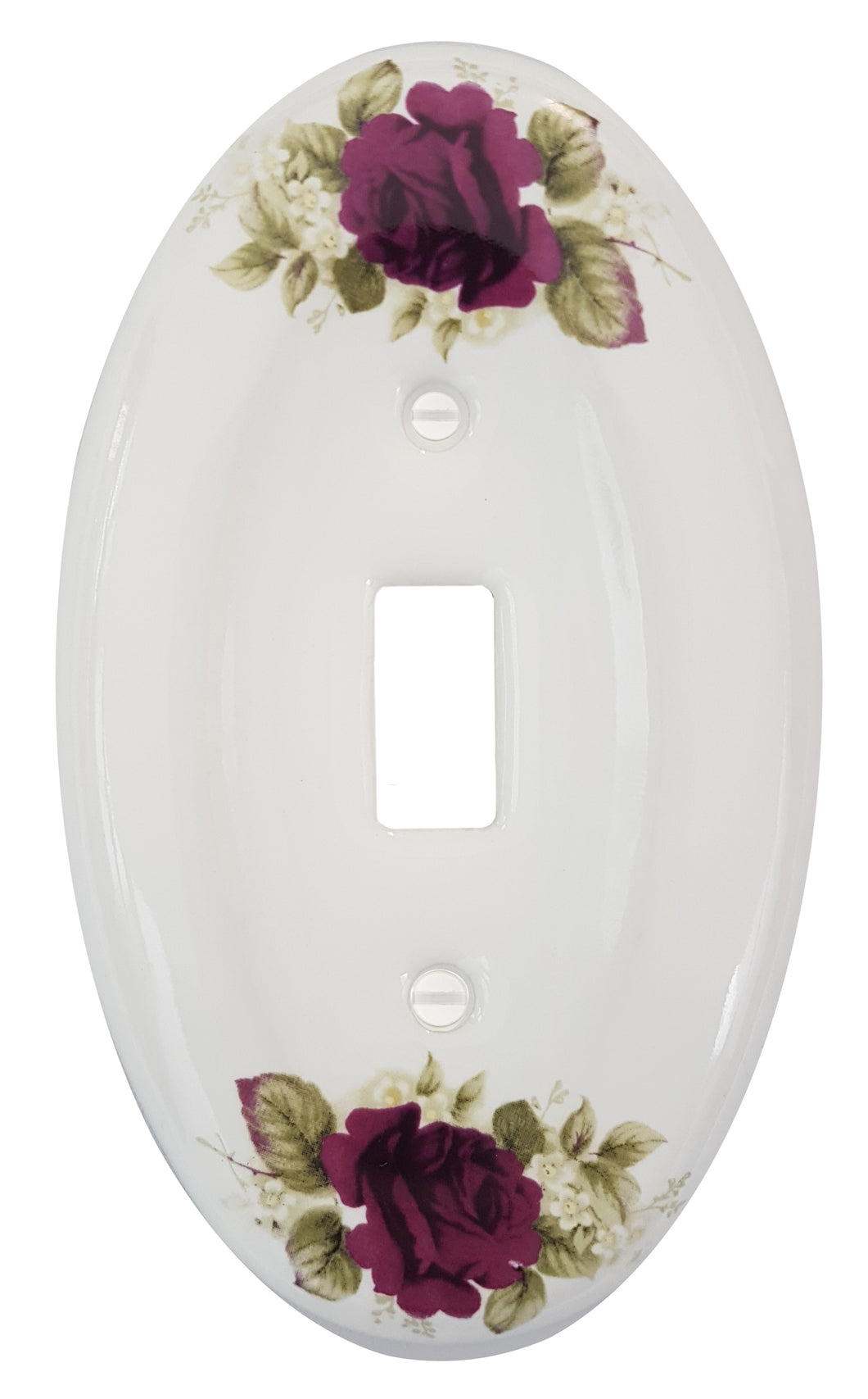 Kiln fired gloss white genuine porcelain wall plate. One of a Kind Charming Red Roses  with green leaves floral pattern on an oval cover plate for bathroom, spa, or kitchen. high quality and durability.  Stays white and shiny or years to come. Single Toggle cover plate configuration.  Screws Included. Easy to clean with a damp cloth. Do not over tighten screws to avoid cracking the plate. Do not use automatic screwdrivers.