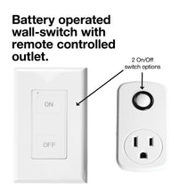 Load image into Gallery viewer, Text saying &quot;Battery operated wall-switch with remote controlled outlet.&quot; above an on/off wall-switch next to a plug-in outlet with a button on it.
