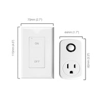 Load image into Gallery viewer, A picture of an On/Off wall-switch and it&#39;s plug-in receiver with text and lines measuring out the devices dimensions. The wall-switch measuring out to be 70 millimeters (2.7 inches) wide and 115 millimeters (4.5 inches) high. The plug-in receiver measuring out to be 44 millimeters (1.7 inches ) wide and 82 millimeters (3.3 inches) high. 
