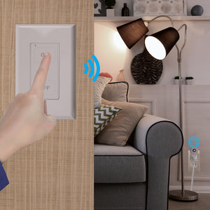 A hang pressing the On button on a wall-switch thats broadcasting a blue signal to a plug-in receiver on the other side of the room. The receiver, then turns on the floor lamp that is plugged into it.